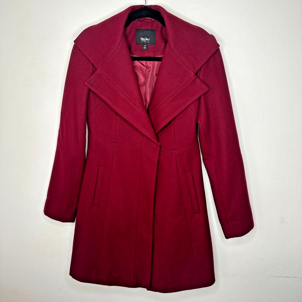 Mossimo Burgundy Red Wool Fitted Long Line Front two Button Coat Welt Pockets XS - Picture 2 of 13